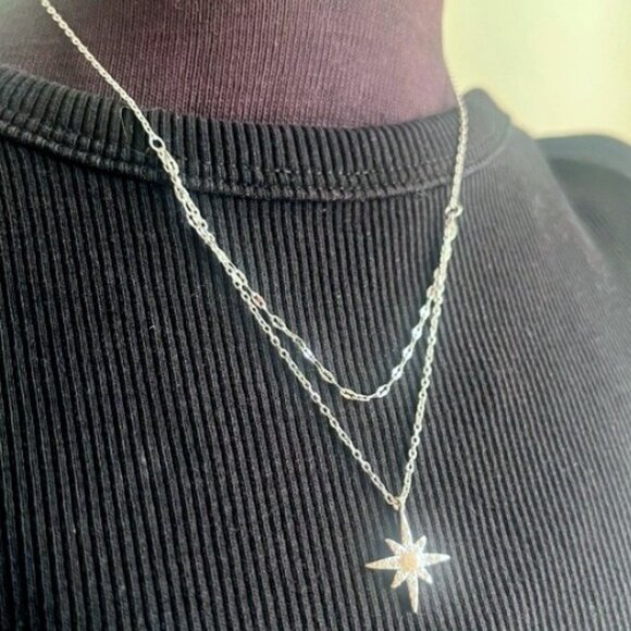 Sterling Silver Layered Necklace w/ Star Charm (925, Extender) - Picture 1 of 4